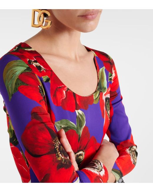 Vestido midi de seda charmeuse estampado Dolce & Gabbana de color Red