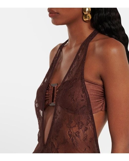Adriana Degreas Purple Open-Back Sheer Lace Maxi Dress