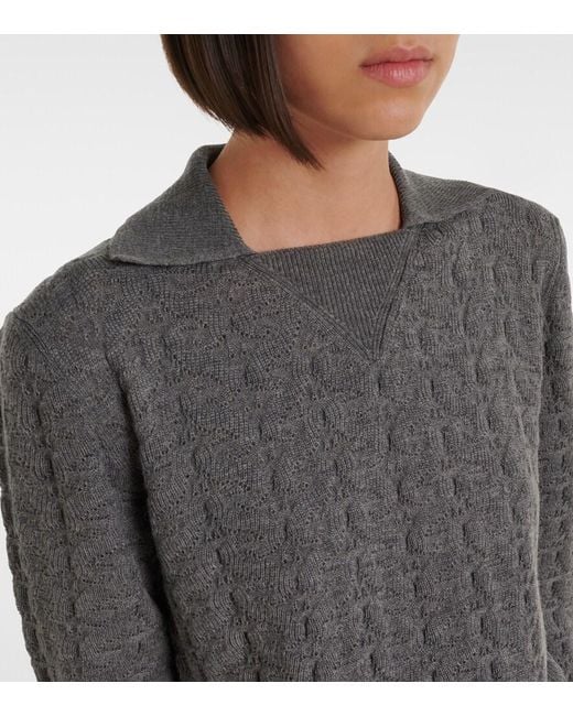 Etro Gray Cable-Knit Wool Polo Sweater