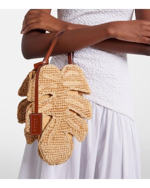 Staud Metallic Palm Leather-Trimmed Raffia Top-Handle Bag
