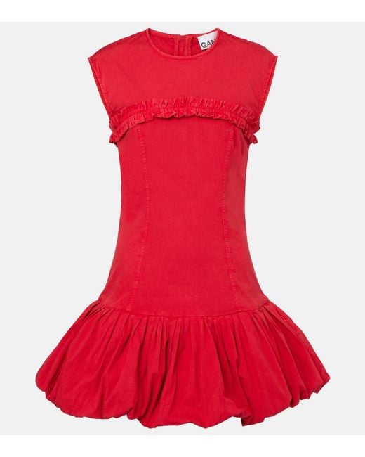 Ganni Red Ruffled Cotton-Blend Minidress