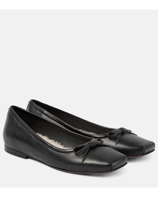 Brunello Cucinelli Black Monili Bow-Detail Leather Ballet Flats