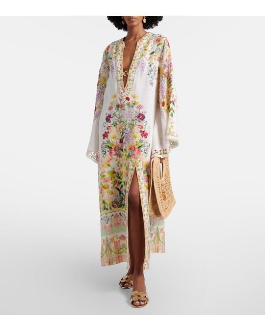 Camilla Metallic Cutout Floral Linen Kaftan