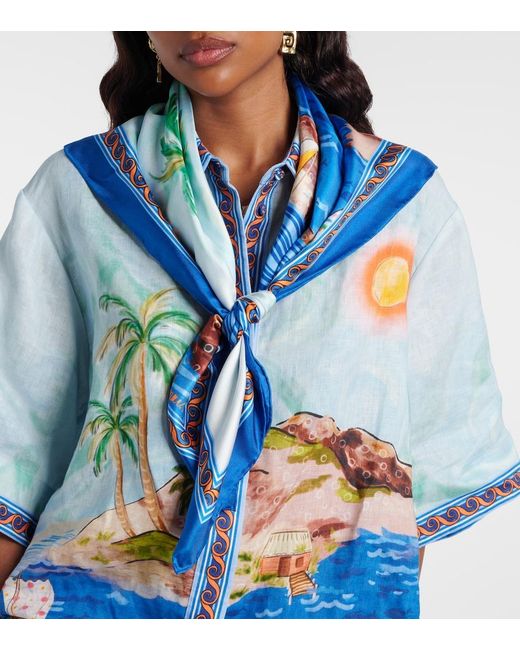 ALÉMAIS Blue Printed Silk Twill Scarf
