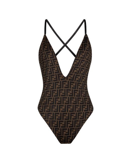 Bañador FF con cuello halter reversible Fendi de color Brown