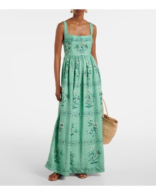 Agua Bendita Green Barbara Embroidered Linen Maxi Dress