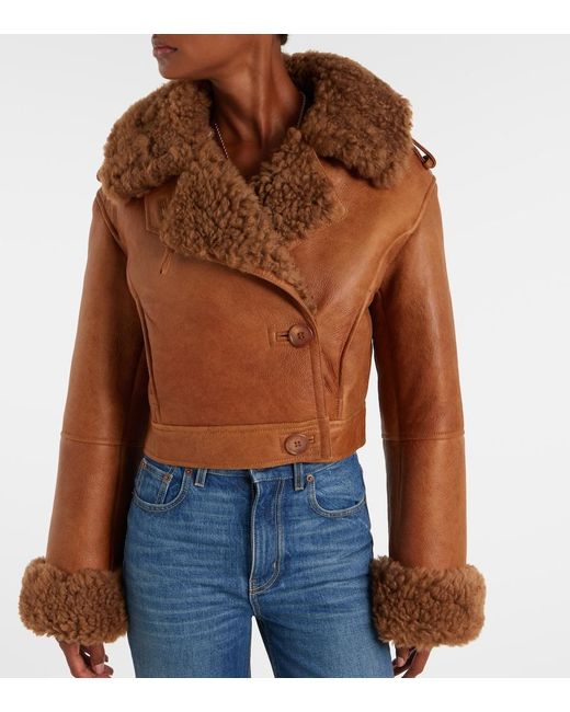 Chloé Brown Cropped Shearling-Trimmed Leather Jacket