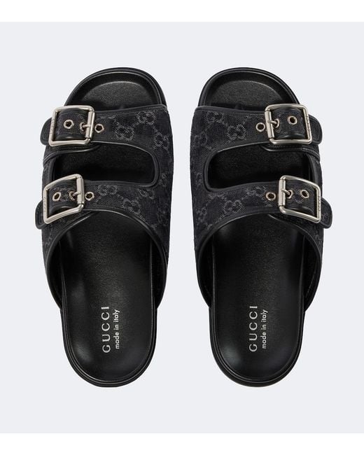 Gucci Black Gg Leather-Trimmed Canvas Slides for men