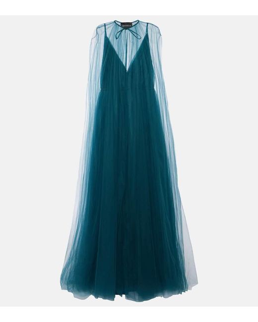 Costarellos Blue Cassandra Caped Tulle Gown