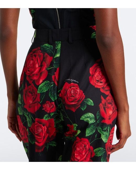 Dolce & Gabbana Red Floral Cropped Cotton Straight Pants