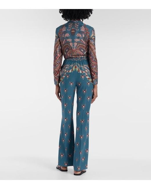 Etro Blue Floral Printed Silk Flared Pants