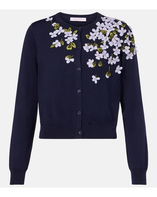 Carolina Herrera Blue Embroidered Silk And Cotton Cardigan
