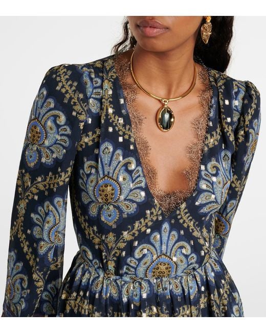 Etro Blue Balloon-Sleeve Silk Jacquard Minidress