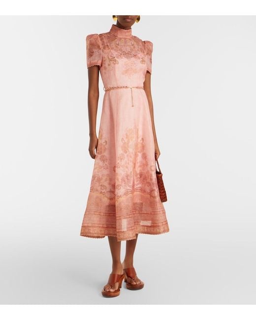 Zimmermann Pink Belted Paisley Linen And Silk Midi Dress