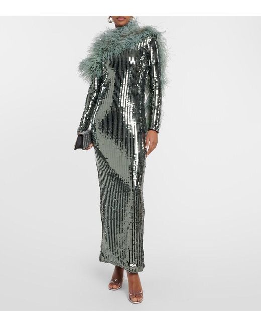 Taller Marmo Gray Garbo Disco Feather-Trimmed Sequined Gown