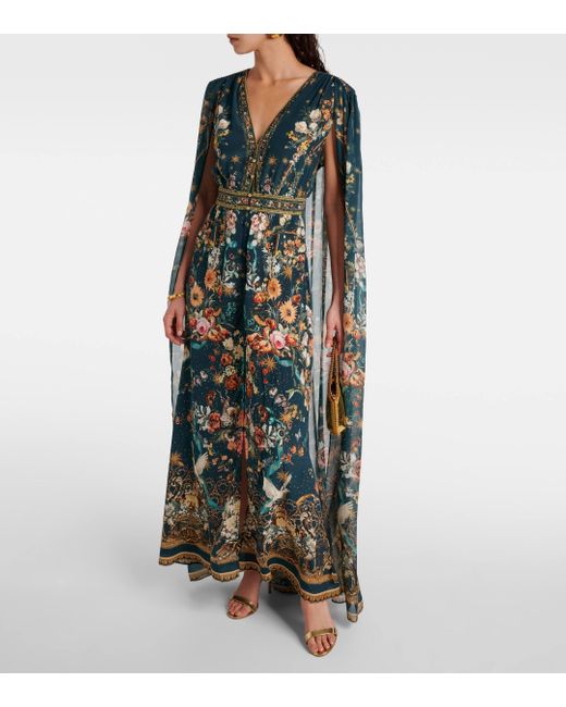 Robe longue en crepe de soie a fleurs Camilla en coloris Blue