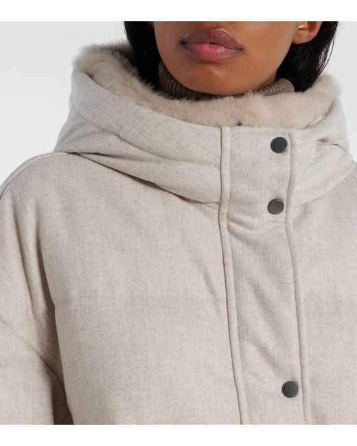 Brunello Cucinelli Gray Leather-Trimmed Wool Down Coat