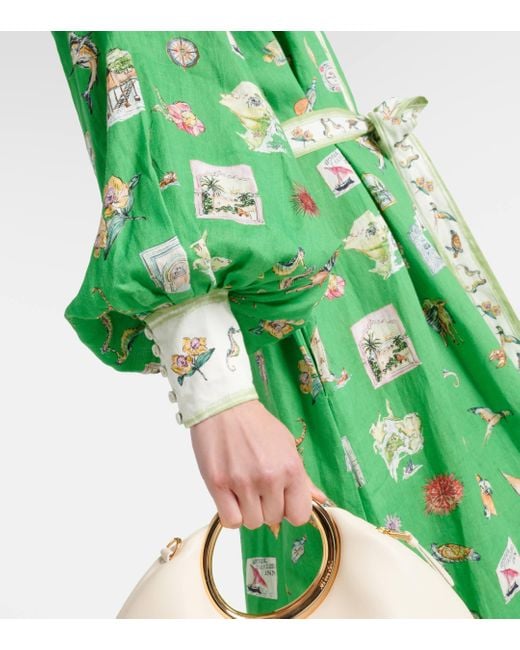 ALÉMAIS Green Printed Linen Midi Dress