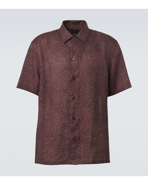 Brioni Brown Printed Linen Bowling Shirt for men