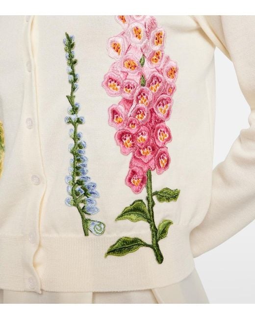 Oscar de la Renta White Foxgloves Embroidered Virgin Wool Cardigan