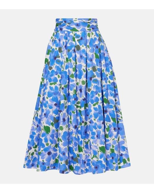 Carolina Herrera Blue Floral Cotton-Blend Midi Skirt