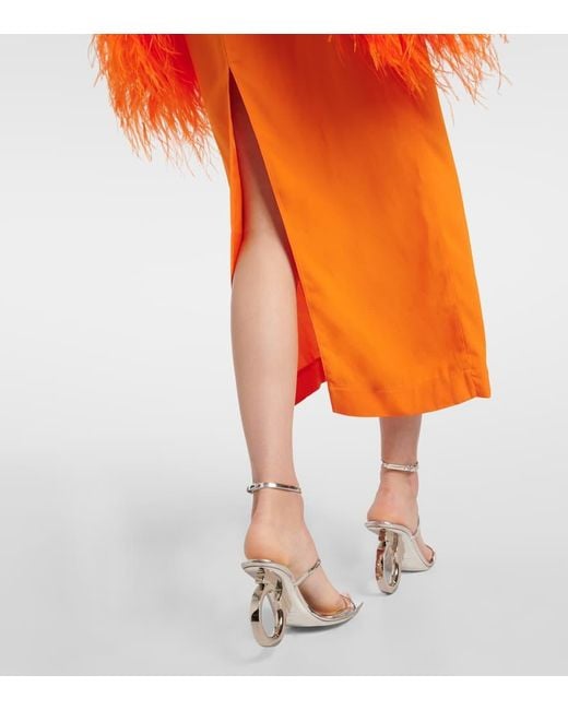 ‎Taller Marmo Orange Del Lago Feather-Trimmed Crepe Cady Midi Dress