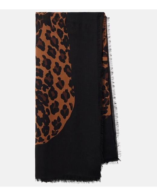 Saint Laurent Black Fringed Leopard-Print Wool Scarf