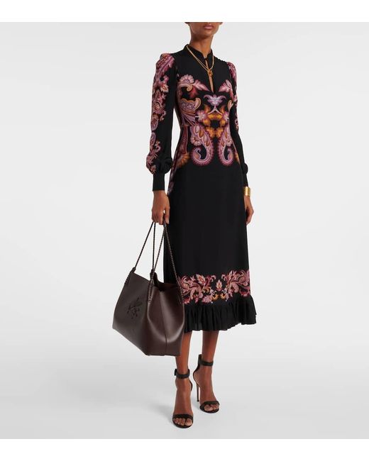 Etro Black Paisley Silk Midi Dress