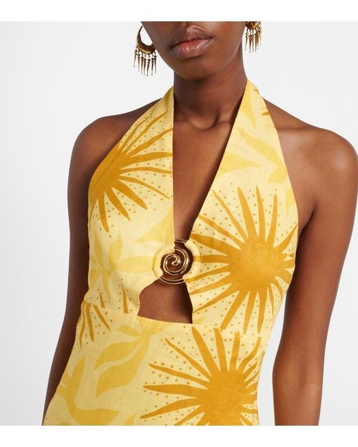 Cala De La Cruz Metallic Orly Printed Cutout Linen Midi Dress
