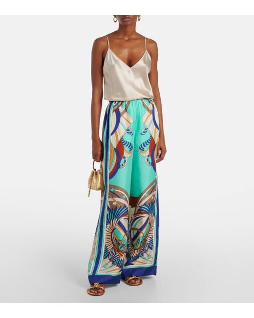 Camilla Blue Printed Silk Satin Palazzo Pants