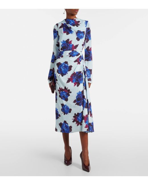 Erdem Blue Draped Floral Crepe Midi Dress