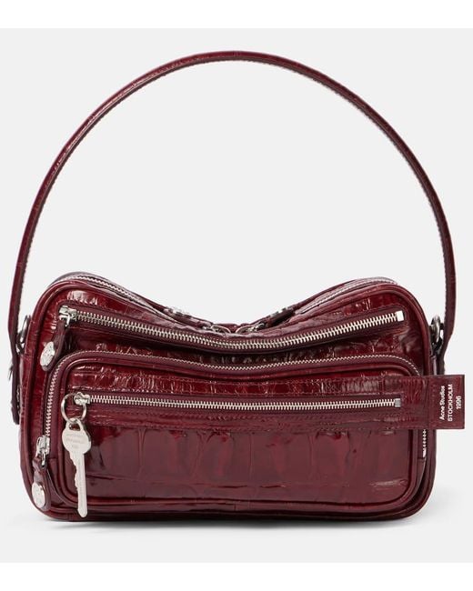 Acne Red Camero Croc-Effect Leather Shoulder Bag