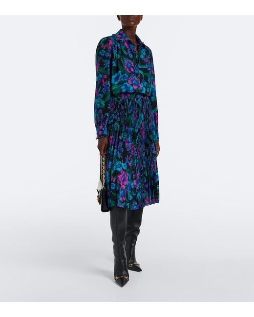 Gucci Blue Floral Plisse Silk Crepe De Chine Midi Skirt