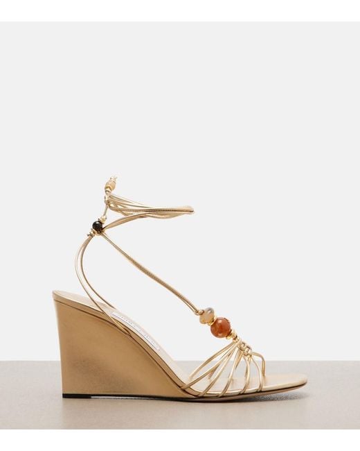 Jimmy Choo Metallic Lova Embellished Leather Wedge Sandals