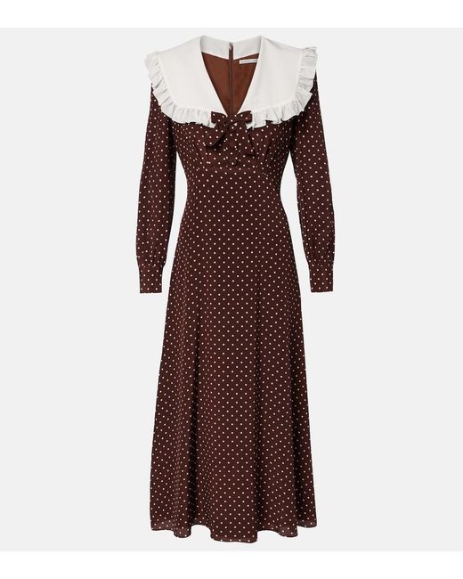 Alessandra Rich Women's Brown Polka-Dot Ruffled Silk Midi Dress