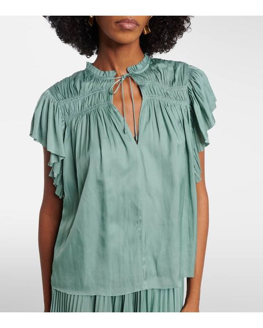 Ulla Johnson Green Agosta Plisse Satin Top