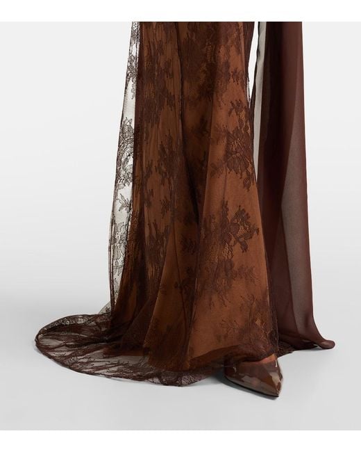 De La Vali Brown Amora Scarf-Detail Ruched Lace Maxi Dress