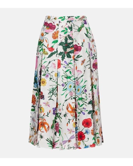 Gucci White Floral Pleated Silk Twill Mid Skirt