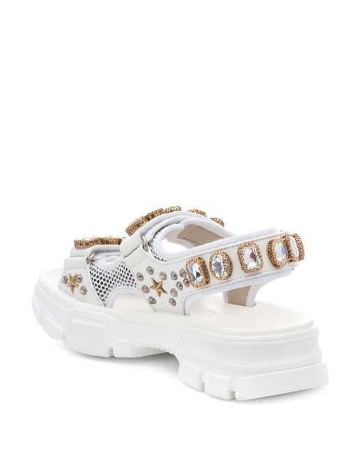gucci leather and mesh sandal with crystals