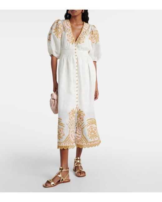 Zimmermann Natural Besticktes Midikleid Waverly Aus Leinen