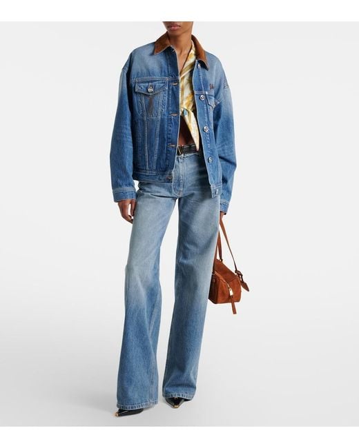 Versace Blue Trucker Suede-Trimmed Denim Jacket