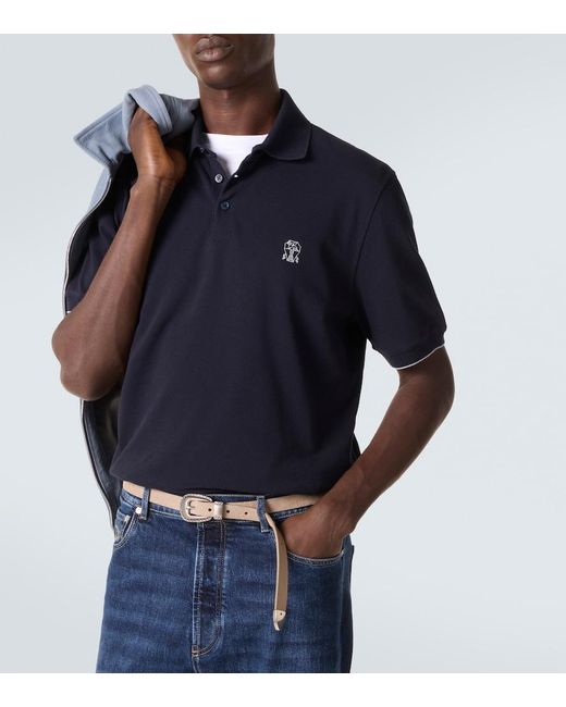 Brunello Cucinelli Blue Embroidered Cotton Pique Polo Shirt for men