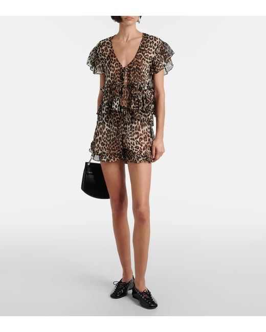 Ganni Gray Leopard-Print Ruffled Chiffon Blouse