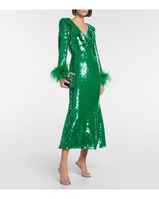 Self-Portrait Green Feather-Trimmed Sequined Midi Dress