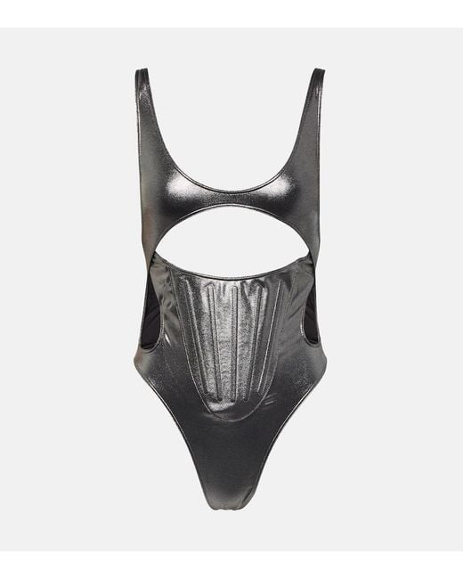Mugler Gray Cutout Metallic Swimsuit
