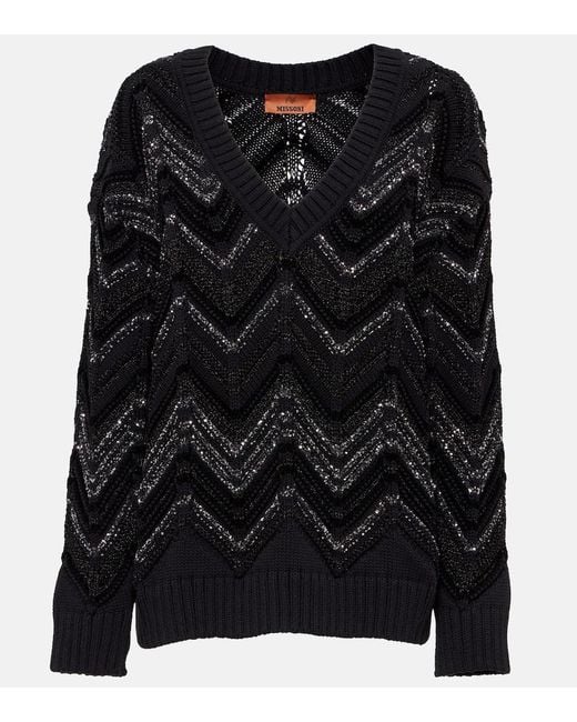 Pullover Oversize A Zig-Zag Con Paillettes di Missoni in Black