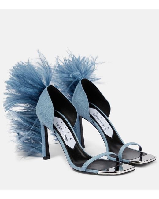 Area Blue X Sergio Rossi Amazona Feather-Trimmed Denim Sandals