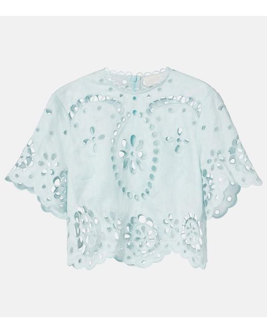 Zimmermann Blue Awaken Embroidered Linen Crop Top