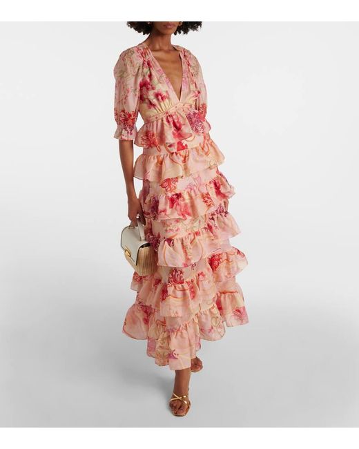 Vestido Largo De Algodon Y Seda Floral Camilla de color Red