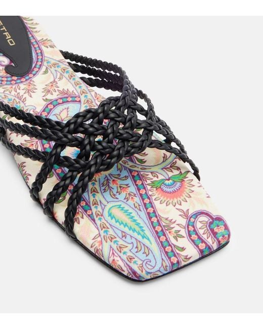 Etro White Canvas-Trimmed Printed Leather Slides